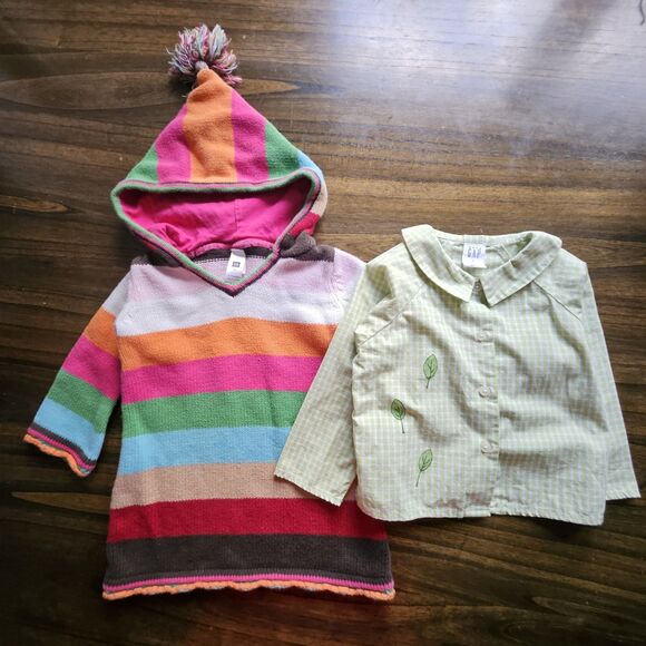 Baby Gap Y2K Outfit Set – Striped Hoodie Dress & Green Blouse – Size 12–18M - Picture 1 of 8